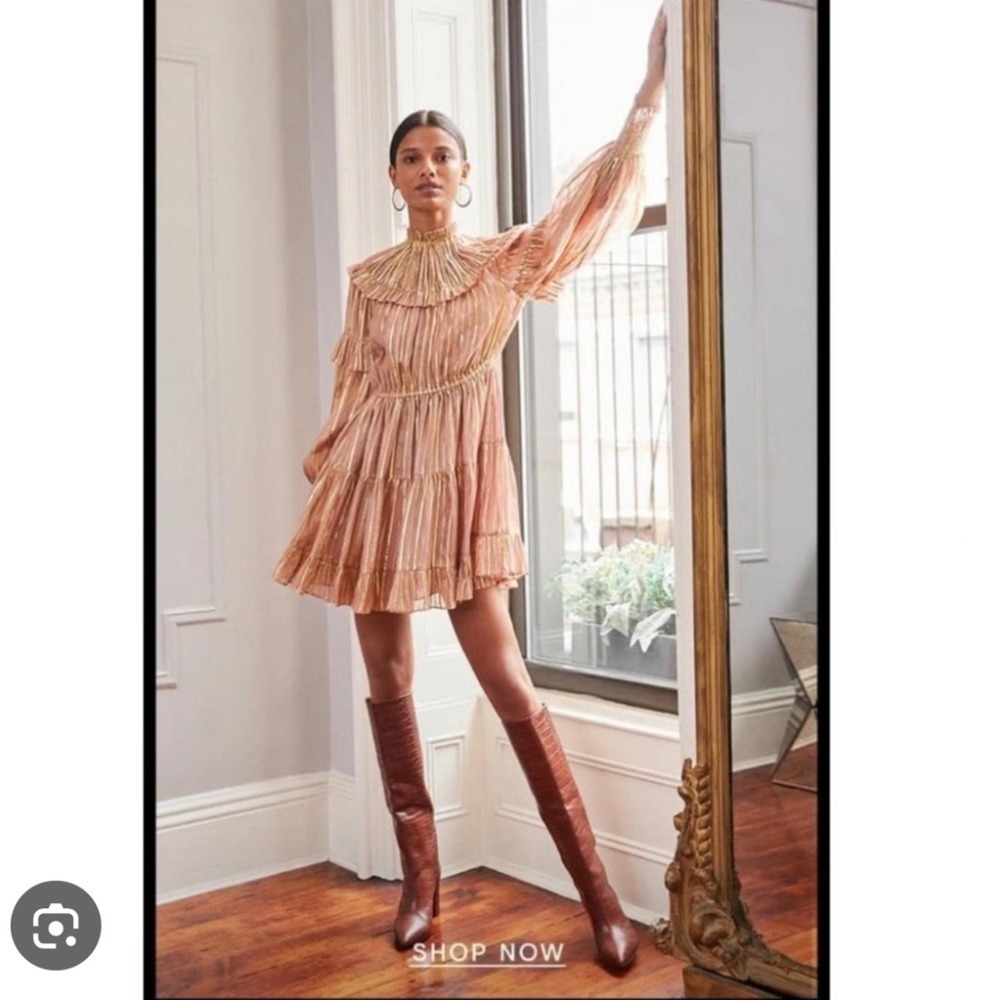 Ulla Johnson Peach Metallic Tiered Ruffle Mini Dress